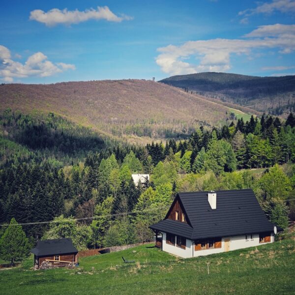 widać pagórki, zielony fragment lasu w tle, mały dom z ciemnym dachem na pierwszym planie